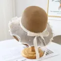 Summer women straw sun hat with white lace ruffle pearl and bow ribbon for beach vacation. - M (56-58cm) / JS3204 Coffee
