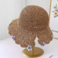 Sombrero de paja mujer dulce ala de encaje transpirable playa verano sombrero de sol floral - M (56-58cm) / JS7001-2 Café