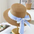 Summer women straw hat flat top wide brim blue gingham bow cute beach sun hat vacation style - M (56-58cm) / JS80461-3 Coffee