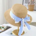 Women Summer Straw Hat Blue Checkered Ribbon Sun Hat Beach Vacation Flat Top Sunshade Cap - M (56-58cm) / JS80461-3 Khaki