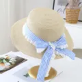 Summer women straw hat flat top wide brim sun hat cute blue plaid bow beach vacation hat - M (56-58cm) / JS80461-3 Beige