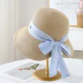 Zomer strohoed voor vrouwen zonnehut vissershoed met lichtblauwe strik voor strand - M (56-58cm) / Beige met blauw lint