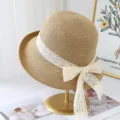 Elegant women summer straw sun hat with lace bow ribbon, wide brim beach vacation hat. - M (56-58cm) / JS3206 Khaki