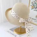 Zomer vrouwen strohoed met brede rand en stippen strik lint strand zon bescherming hoed. - M (56-58cm) / Beige
