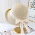 Beige Straw Hat with White Lace Bow Ribbon Sun Visor Summer Beach Vacation Women Hat Variant - M (56-58cm) / JS3206 Beige
