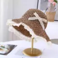 Sombrero de paja para mujer con borde de encaje y lazo, ideal para vacaciones en la playa de verano. - M (56-58cm) / JS7003 café