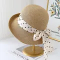 Dames zomer strohoed met stippen lint, elegante brede rand strand zonbescherming hoed. - M (56-58cm) / Khaki