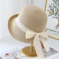 Women summer straw hat, beige woven sun hat with white lace bow ribbon, beach vacation hat. - M (56-58cm) / JS3206 Dark Khaki