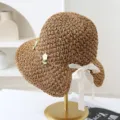 Sombrero de paja de mujer dulce con lazo de encaje, ala ancha transpirable sombrero de playa variante - M (56-58cm) / JS7003-1 café 2
