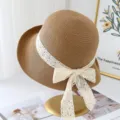 Brown straw sun hat for women, featuring a sweet white lace ribbon bow for summer beach. - M (56-58cm) / JS3206 Coffee