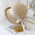 Dames zomer strohoed brede rand zonnehoed met stippen strik strand bucket hoedjes - M (56-58cm) / Khaki