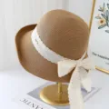 Women summer straw hat with white lace ribbon bow beach sun protection big brim sunhat - M (56-58cm) / JS3207 Coffee