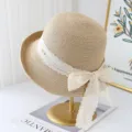 Women summer straw sun hat with elegant white lace ribbon bow, large brim beach vacation cap. - M (56-58cm) / JS3207 Khaki