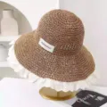 Dulce sombrero de paja estilo coreano con borde de encaje blanco, ideal para vacaciones en la playa. - M (56-58cm) / JS7004 café