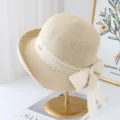 Women's beige straw hat with white lace ribbon bow, perfect summer beach sun protection hat. - M (56-58cm) / JS3207 Beige