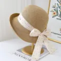 Zomer strohoed vrouwen elegante brede rand zonnedhoed met stippen strik strand. - M (56-58cm) / Khaki