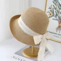 Women summer straw hat with white lace ribbon bow beach sun visor hat elegant sunhat - M (56-58cm) / JS3207 Dark Khaki