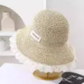 Sombrero de paja dulce con borde de encaje blanco, sombrero de sol playa verano variante. - M (56-58cm) / JS7004 beige