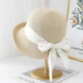 Women summer straw sun hat with white polka dot ribbon bow, wide brim beach vacation hat. - M (56-58cm) / JS3208 Beige