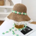 Dulce sombrero de paja para mujer con borde de encaje y cinta floral, ideal para la playa de verano. - M (56-58cm) / JS7004-1 café