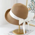 Summer straw hat for women with polka dot bow ribbon, elegant wide brim sun hat for beach vacation. - M (56-58cm) / JS3208 Coffee