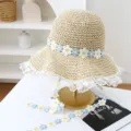 Sombrero de Paja de Verano para Mujer con Flores de Margaritas Azules y Borde de Encaje - M (56-58cm) / JS7004-1 beige 2