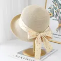 Women straw hat summer beach sun hat bowknot ribbon wide brim sunprotection sunhat - M (56-58cm) / JS3208 Beige 2