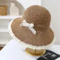 Sombrero de sol de paja para mujer con borde de encaje, ala grande transpirable playa. - M (56-58cm) / JS7004-2 café 2