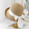 Women summer straw sun hat with polka dot ribbon bow, elegant beach vacation large brim sun hat. - M (56-58cm) / JS3208 Khaki