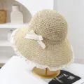 Sombrero de paja dulce para mujer con ribete de encaje y lazo, ala ancha transpirable playa SKU - M (56-58cm) / JS7004-2 beige