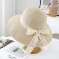 Women summer straw sun hat with elegant lace ribbon bow, big brim beach vacation sunhat. - M (56-58cm) / JS3209 Beige