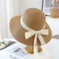 Women's Summer Straw Sun Hat with Lace Ribbon Bow, Large Brim Beach Vacation Sunshade Hat Style - M (56-58cm) / JS3209 Dark Khaki