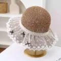 Sombrero de paja para mujer con ala de encaje y lazos para verano playa vacaciones. - M (56-58cm) / JS7004-3 café