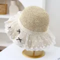 Bonito sombrero de paja beige variante con borde de encaje blanco y lazos negros. - M (56-58cm) / JS7004-3 beige