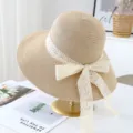 Women summer straw sun hat with elegant lace ribbon bow, wide brim beach sunhat for women. - M (56-58cm) / JS3209 Khaki