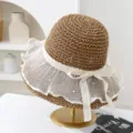 Sombrero de paja de verano para mujer estilo coreano con borde de encaje y perlas. - M (56-58cm) / JS7004-4 café