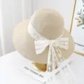 Women summer straw sun hat with white lace bow ribbon, large brim beach vacation sunhat. - M (56-58cm) / JS32010 Beige