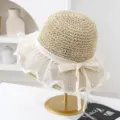 Sombrero de paja de mujer dulce con borde de encaje y perlas, sombrero de playa transpirable. - M (56-58cm) / JS7004-4 beige