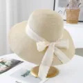 Women Summer Straw Sun Hat Lace Bow Large Brim Beach Vacation Sunshade Sun Hat Variant - M (56-58cm) / JS32011 Beige