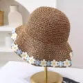 Sombrero de paja mujer marron con decoracion de flores azul blanco playa verano - M (56-58cm) / JS7004-5 café