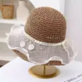 Sombrero de paja mujer dulce ala de encaje verano playa sombrero de sol elegante nuevo - M (56-58cm) / JS7004-6 café