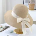 Women straw sun hat with lace bow ribbon, large brim summer beach vacation sun protection cap. - M (56-58cm) / JS32011 Khaki