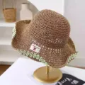 Sombrero de paja de verano para mujer con ribete de encaje verde para vacaciones. - M (56-58cm) / JS7004-7 café