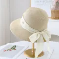 Zomer vrouwen strohoed grote rand strik strand zonbescherming emmerhoed stijlvol chic - M (56-58cm) / Beige