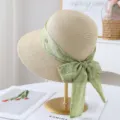 Dames zomer strohoed met brede rand en groene strik lint elegante zonbescherming strand - M (56-58cm) / Beige met groen lint