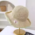 Sombrero de paja con borde de encaje verde y etiqueta para mujer verano playa transpirable. - M (56-58cm) / JS7004-7 beige