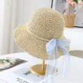 Sombrero de Paja Mujer Verano Playa Vacaciones Ala Ancha Lazo Perla Sombrero Sol - M (56-58cm) / JS7004-8 beige
