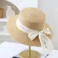 Women's summer flat top straw hat with bow ribbon, large brim beach sun protection cap. - M (56-58cm) / JS80461-14 Khaki with Beige Strap