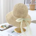 Sombrero de paja dulce con lazo de gasa verde y perlas, ala ancha para vacaciones en la playa. - M (56-58cm) / JS7004-8 beige 2