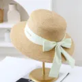 Women summer flat top straw hat with light green bow ribbon, beach sun protection sun hat. - M (56-58cm) / JS80461-14 Khaki and Light Green